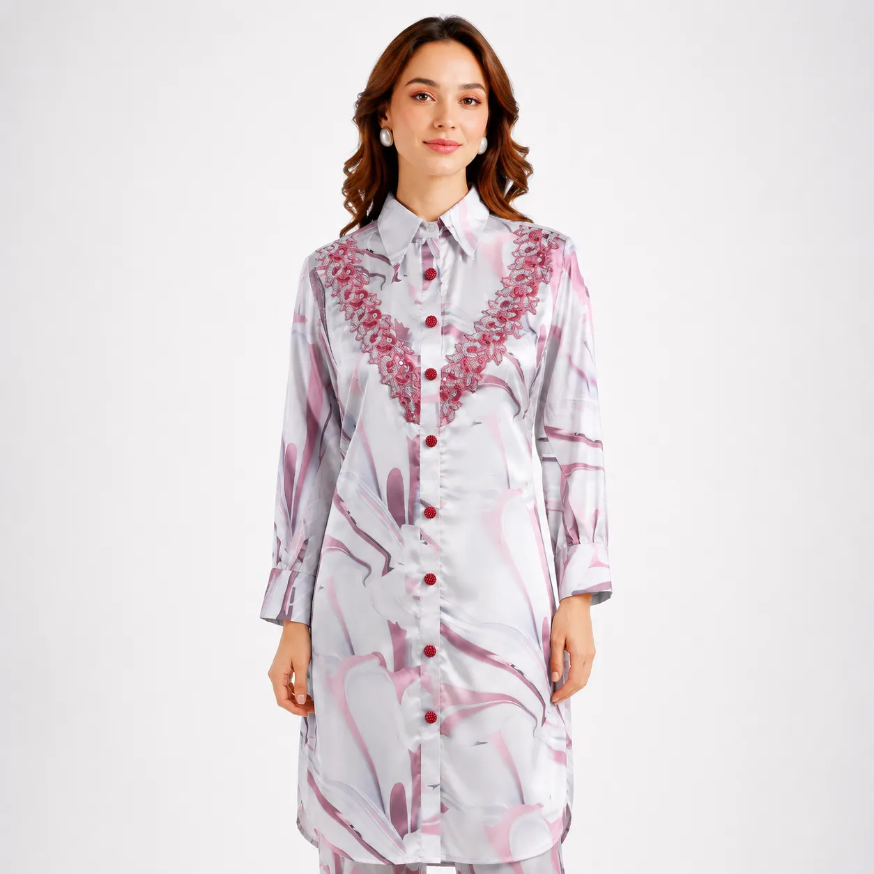 Abstract Marble Print Shirt Dress with Embellished Placket